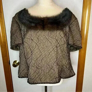 Vintage Vie By Victoria Royal Blouse Women 20L Brown Beaded Faux Fur Zip Crop